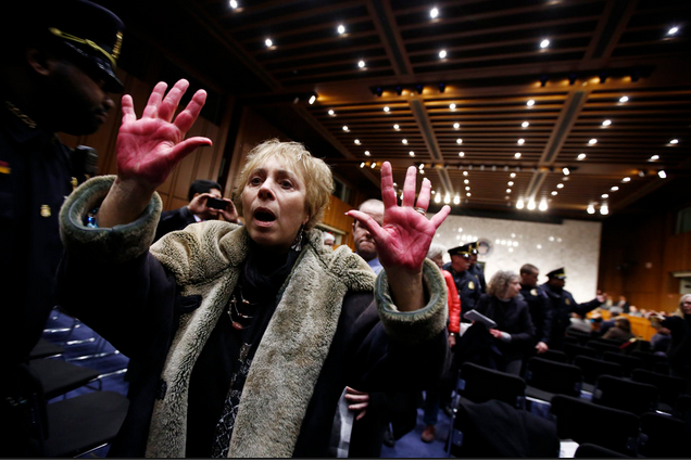 Demonstrantin während Senats-Hearings